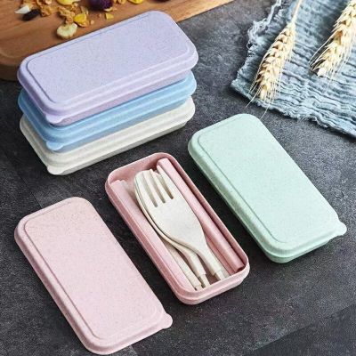 Portable Wheat Straw Fork Cutlery Set Foldable Folding Chopsticks Cutlery Set with Box  Picnic Camping Travel Tableware Set Flatware Sets