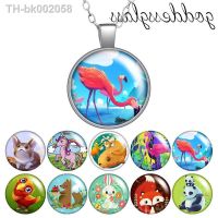 ✗♨┋ Cartoon Animals Unicorn Rabbit Fox Panda Round Glass glass cabochon silver plated/Crystal pendant necklace jewelry for Gift