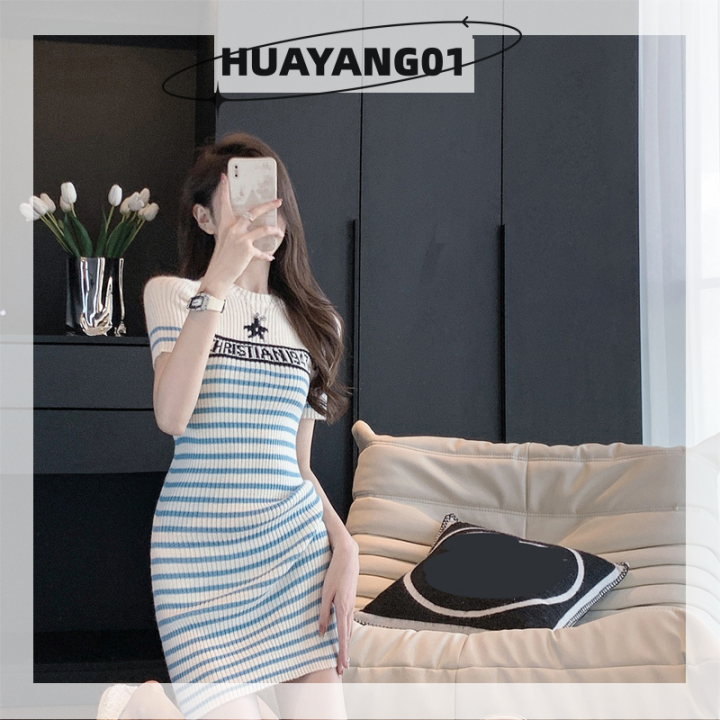 huayang01-2023-new-hot-fashion-lazlook-เดรสมินิเดรสลำลองแขนสั้นพิมพ์ลายทางสำหรับผู้หญิงฤดูร้อน