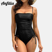 Anfilia ผู้หญิงชุดว่ายน้ำชิ้นเดียวสีทึบกลับ Cutout ด้านปรับสายรัดแฟชั่น Monokini