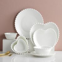 Pure White Hearted Shaped Pearl Steak Salad Soup Dinner Plate Ceramic Dishes Tableware Porcelain Set Kitchen Untensils Wedding