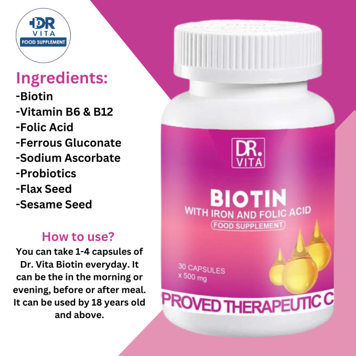 Dr. Vita Biotin Women With Iron And Folic Acid 500mg X 30 Capsules Per 