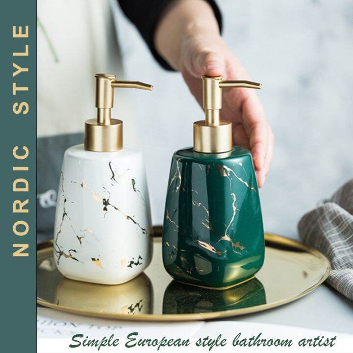 Ceramic Soap Dispense with Golden Pump Shower Gel Empty Bottle Shampoo