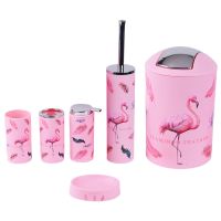 ⊕❃ 6pcs/Set Flamingo Pattern Soap Dish Dispenser Tumbler Bathroom Practical Accessories Soap Dispenser Bathroom Countertop Set