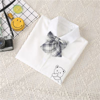 2021 Summer Blouses White Shirts For Women Bow Tie Shoer Sleeve Tops Lapel Solid Loose Preppy Style JK Uniform #H78