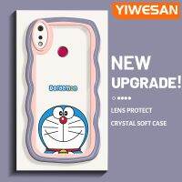 YIWESAN เคสสำหรับ Realme 3 Pro เคส3i Realme ลายการ์ตูนโดราเอมอนแฟชั่นลายคลื่นขอบครีมเลนส์กล้องถ่ายรูปเคสโทรศัพท์โปร่งใสน่ารักเคสนิ่มเคสป้องกันซิลิโคนใส