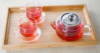 Glass Short Teapot w Stainless Steel Filter &amp; 2PC Cups w Saucer &amp; Tea Tray