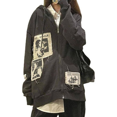 2023 Korean ความงามเสื้อกันหนาวหมวก2000วินาทีผู้หญิงเสื้อแขนยาวกรันจ์เสื้อซิปแจ็คเก็ตกราฟิกพิมพ์ H Oodies กับกระเป๋า Streetwear
