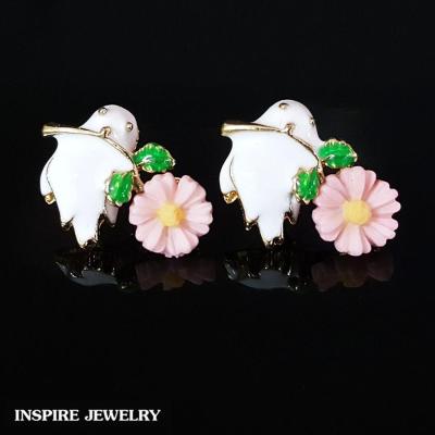 Inspire Jewelry ,ต่างหูแฟชั่น รูปนกกับดอกไม้ ขนาด 1CM น่ารัก  (5 คู่)