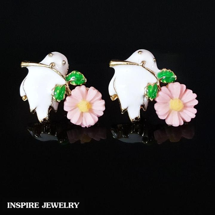 inspire-jewelry-ต่างหูแฟชั่น-รูปนกกับดอกไม้-ขนาด-1cm-น่ารัก-5-คู่