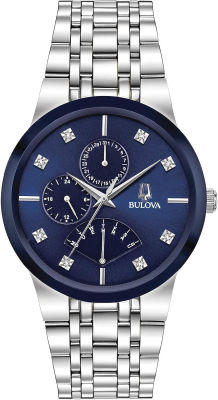 Bulova Mens Modern Stainless Steel Multi-Function Quartz Watch, Blue Dial with Diamonds Style: 96D144