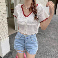 Summer 2023 new Korean version of hollow short-sleeved T-shirt feminine temperament with thin v-neck sweater  white