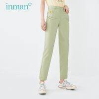 INMAN Green Causal Cropped Pant Pocket Tag Pattern Beige Casual Style Fit Shape Summer Comfortable Cotton Bottom Trousers