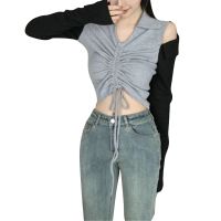แขนยาว Slim Basic เสื้อยืดเซ็กซี่เย็นไหล่ Lapel V คอผู้หญิงไม่สม่ำเสมอ Hem Drawstring Slim Pullover Crop Top