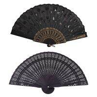 Black Plastic Frame Embroidery Floral Detail Folding Hand Fan with 8 Inch Chinese Japanese Folding Fan Black