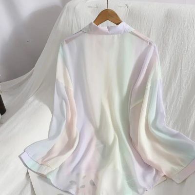 ‘；’ Women Chic Chiffon Rainbow Sun Protection Blouse Summer Loose See Through Thin Shirts Female Casual Long Sleeve Female Tops New
