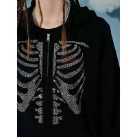 Spot Parcel Post Korean-style rhinestone skeleton zipper hooded sweatshirt for women Ykt