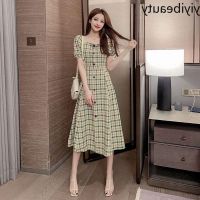 COD DSTGRTYTRUYUY yiyibeauty 2021 Summer New Women Temperament Fashion Square Collar Plaid Bubble Short Sleeve Single Breasted Over-the-Knee Dress