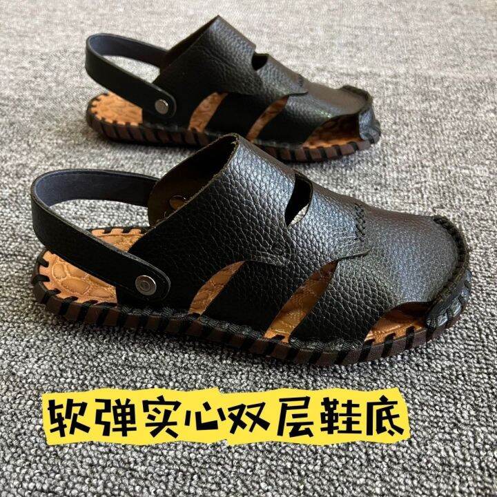 top-layer-cowhide-mens-summer-leather-sandals-new-slippers-breathable-soft-bottom-driving-shoes-beach-hand-sewn