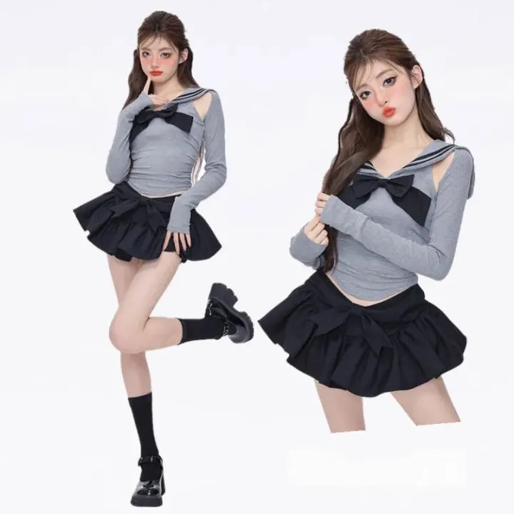 cc-bow-fluffy-skirt-low-waisted-ruffled-preppy-korean-fashion-drop-shipping