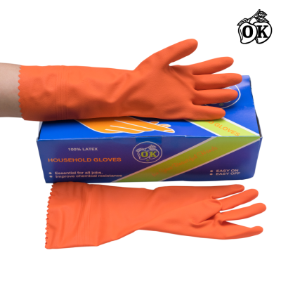 ถุงมือยางตรา โอ.เค. ถุงมือแม่บ้านสีส้ม O.K. RUBBER GLOVES   ผลิตจากยางธรรมชาติ 100% size L (12 คู่)