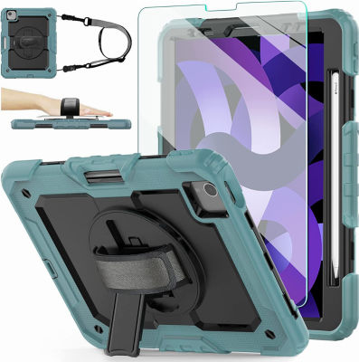 iPad Air 5th/4th Generation Case 2022/2020, iPad Pro 11 Case, [Shockproof] Ambison Full Body Protective Case with 9H Tempered Glass Screen Protector, Rotatable Kickstand & Hand Strap (Teal & Black) Teal & Black Case + Glass Screen Protector