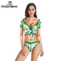 NADANBAO Surfing Womens Swimming Bathing Suit St. Patricks Day Party Clover Print Swimwear Female Long Sleeves Beach Bather