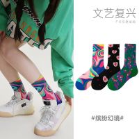 【Sock shop】3คู่รวมกันกลางหลอดถุงเท้าผ้าฝ้าย2022ใหม่เดิมย้อนยุคภาพวาดสีน้ำมันสไตล์ผู้หญิง39; S ถุงเท้าจัดส่งฟรีขายส่ง