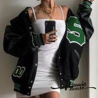 ❥Only➢Women Leather Long Sleeve Letter Embroidery Oversized Baseball Jackets