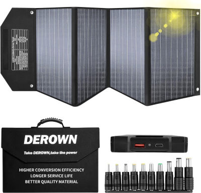DEROWN Solar Panel 120 Watt 20 Volt, Portable Solar Panel Kit ETFE Material Surface & Independent Intelligent USB Power Adapter (PD & QC 3.0), Foldable Solar Panel for Power Station RV Camping Off Grid