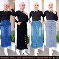 COD ❈ imoq55 store Gisca Long Span Stretch Jeans Skirt Button Front Thick And Stretchy