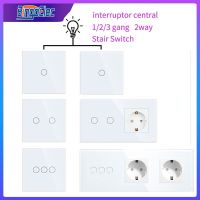 Bingoelec white Stair Switch 1Gang 2Gang 3Gang 2way Switch with EU Socket Power Socket Glass Panel Wall Touch Light Switches