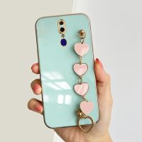 สำหรับ OPPO F11 F11 Pro เคสสร้อยข้อมือหัวใจความรักสีชมพูแฟชั่นหรูหราชุบ6D ซิลิโคนนิ่มผู้หญิงหญิงสาวเคสมือถือ