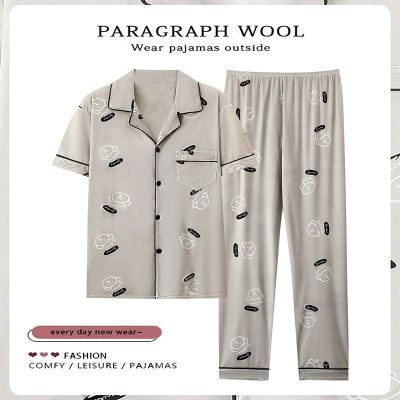 MUJI High quality 100  cotton mens pajamas summer short-sleeved trousers thin summer all-cotton loose homewear set