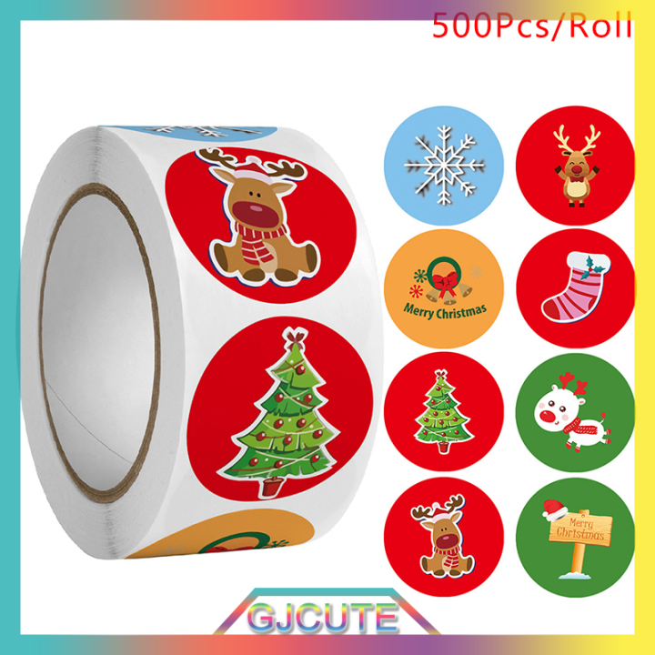 gjcute-500pcs-roll-candy-bag-สติกเกอร์คริสต์มาสตกแต่งบ้าน-christmas-tree-elk-เครื่องประดับ