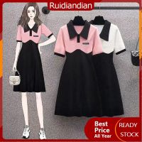 Ruidiandian เดรส S-2XL สไตล์เกาหลี,เดรสแขนสั้นโปโลการต่อผ้าแบบสีตัดกันใหญ่สำหรับผู้หญิงใส่ในฤดูร้อนกระโปรงยาวปานกลางมม. ROK Belah บางๆ