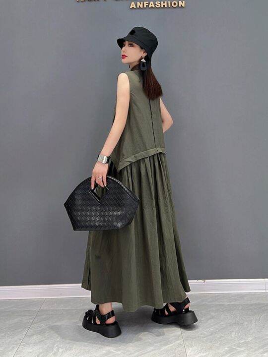 xitao-dress-loose-solid-color-casual-stand-collar-sleeveless-tanks-dress