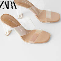 2023 ZARAˉSummer New Womens Shoes Apricot Transparent Double Strap Square Head Transparent Heel High Heel Sexy Slippers for Women