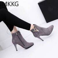 Botas Mujer 2021 Invierno บอท Wanita Pergelangan Kaki Sekssletting Kulit Pu Ujung Lancip Hak Tinggi IS Stiletinggi IS Stileting IM Gugur 0000339