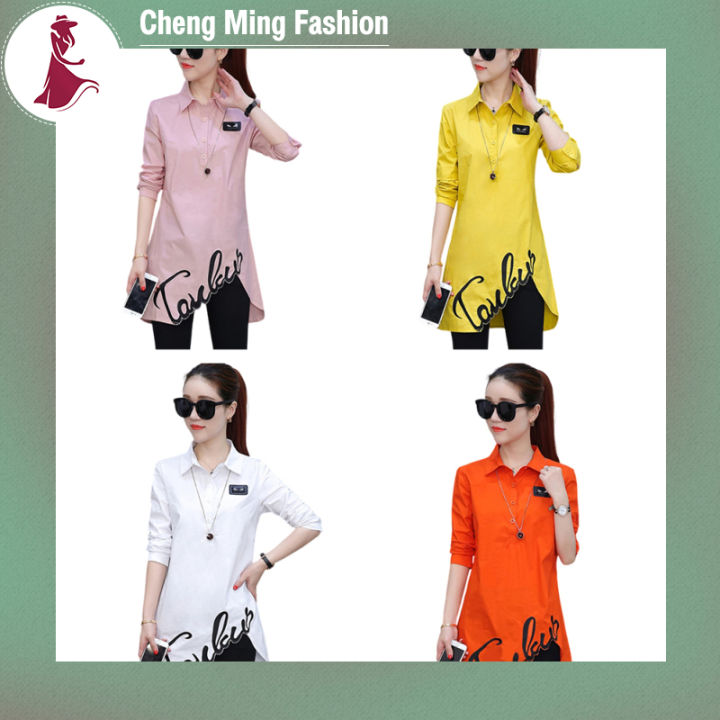 cheng-ming-เสื้อยืดสตรีแขนยาวอินเทรนด์เสื้อเข้ารูปพอดียาวปานกลางมีปกปักเสื้อสวมหัวแบบไม่สม่ำเสมอ