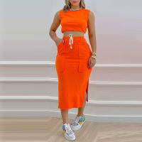 Two Piece Skirt Suit Set Women y O Neck Sleeveless Shirt &amp; Drawstring Skirts Outfits 2022 Summer Casual Tops Print Beach Set