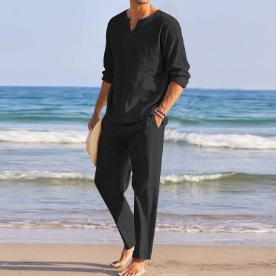 ชุดฝ้ายลินินชายหาด2ชิ้นคอวีเสื้อเชิ้ตกางเกงสูทสำหรับคุณผู้ชายที่มีสไตล์