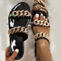 New Summer Womens Flat Slippers Chain Decorative Round Toe Sandals Womens 2022 Casual PU Fashion Womens Shoes Beach Light