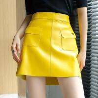 Autumn Yellow Leather Short Skirt Zipper High Waisted Pockets A-line Mini PU Skirts Blue Black