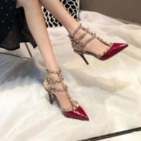 【high quality】original ValentinoˉThree-strap high heels 2022 new spring all-match pointed stiletto buckle sandals with rivets high heels summer new style womens shoes slippers for women slides outside wear sandals for women