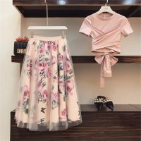 COD DSFGERRTYTRRE New Women 2 Piece Sets Irregular Bandage T Shirt Crop Tops Mesh Floral Skirts Suits Vintage Two Pcs Set Woman Casual Clothes