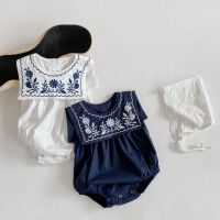 [COD] ins2022 summer style cool pure navy collar embroidered sleeveless romper baby girl jumpsuit for infants and young children