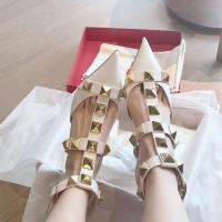 2023 New V Family European and American Sexy Pointed Rivet valentinoˉHigh Heel Shoes Womens Thin Heel Naked One Line Buckle Wrap Head Sandals