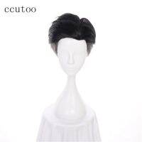 Ccutoo 30Cm สั้นสำหรับผู้ชายสีดำผสมเทาวิกผมสังเคราะห์ Yuri บนน้ำแข็งชุดคอสเพลย์กีฬาวิกผมคอสเพลย์ด้านหลัง