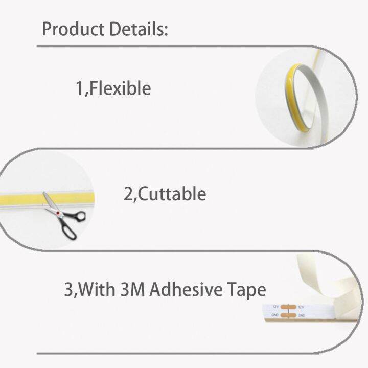 แถบ-led-cob-แถบหลอดไฟยืดหยุ่นสีขาวอบอุ่น5v-12v-24v-5มม-สำหรับไฟประดับ3000k-4000k-5700k